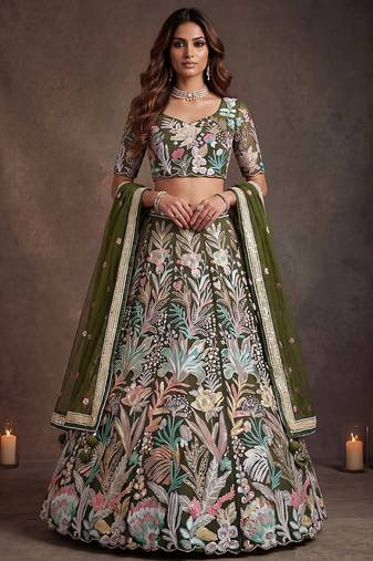 Adorning Green Sequins Net Reception Wear Lehenga Choli with Dupatta