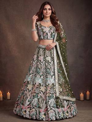 Adorning Green Sequins Net Reception Wear Lehenga Choli with Dupatta 2