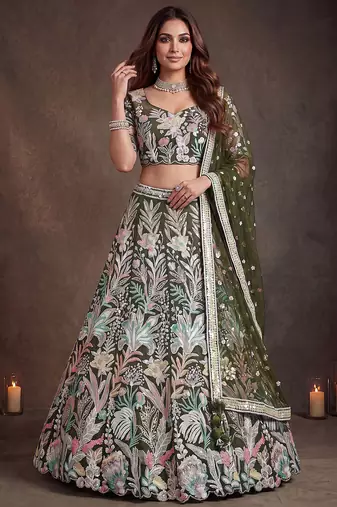 Adorning Green Sequins Net Reception Wear Lehenga Choli with Dupatta