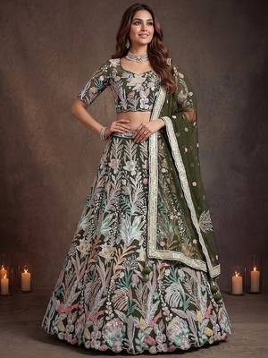 Adorning Green Sequins Net Reception Wear Lehenga Choli with Dupatta 3