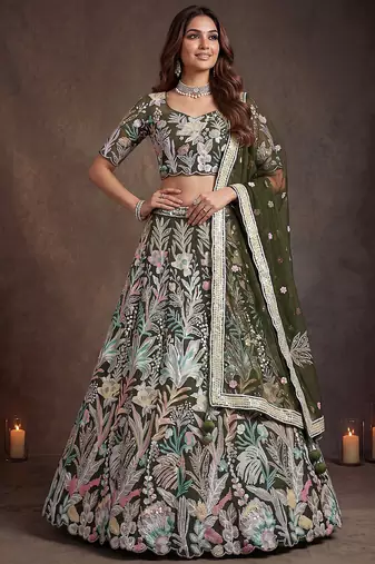 Adorning Green Sequins Net Reception Wear Lehenga Choli with Dupatta