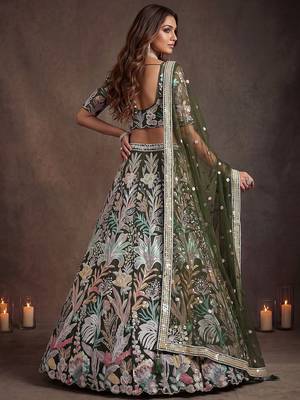 Adorning Green Sequins Net Reception Wear Lehenga Choli with Dupatta 4