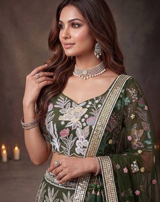 Adorning Green Sequins Net Reception Wear Lehenga Choli with Dupatta 5