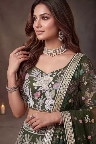 Adorning Green Sequins Net Reception Wear Lehenga Choli with Dupatta