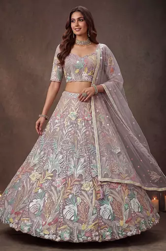 Dazzling Lavender Sequins Net Wedding Wear Lehenga Choli