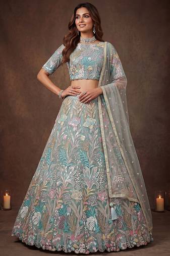 Sparkling Pista Green Embroidered Net Marriage Wear Lehenga Choli