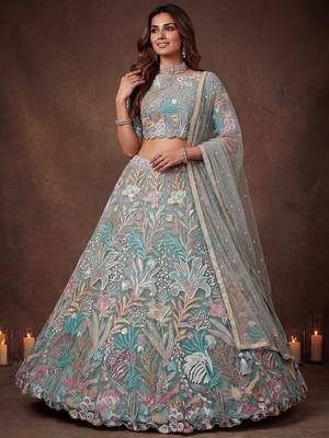 Sparkling Pista Green Embroidered Net Marriage Wear Lehenga Choli 3