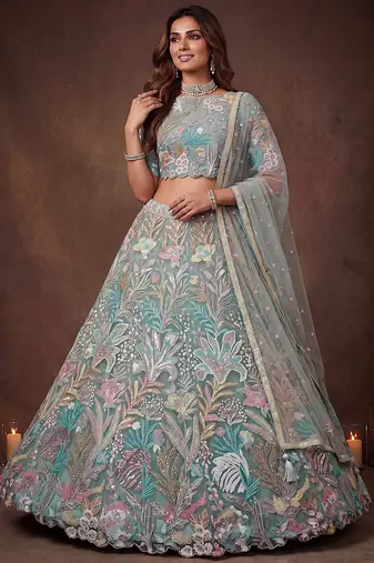 Sparkling Pista Green Embroidered Net Marriage Wear Lehenga Choli