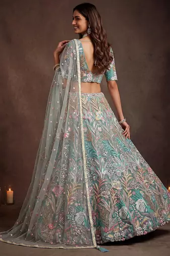 Sparkling Pista Green Embroidered Net Marriage Wear Lehenga Choli