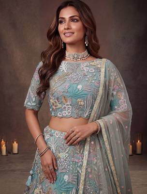 Sparkling Pista Green Embroidered Net Marriage Wear Lehenga Choli 5