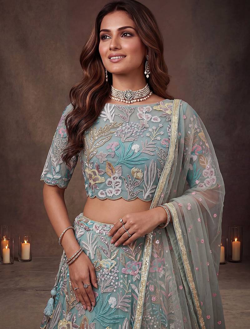 Sparkling Pista Green Embroidered Net Marriage Wear Lehenga Choli