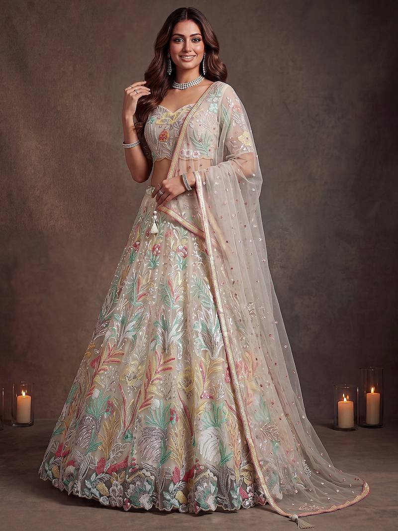 Majestic Off-White Sequins Net Party Wear Lehenga Choli
