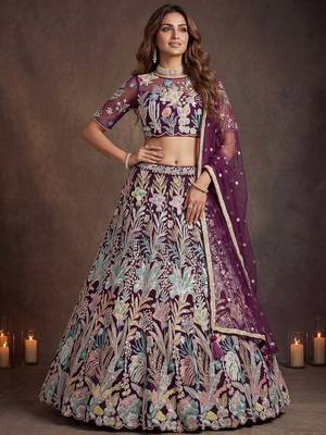 Awesome Wine Sequins Net Reception Wear Lehenga Choli with Dupatta 1