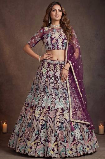 Awesome Wine Sequins Net Reception Wear Lehenga Choli with Dupatta
