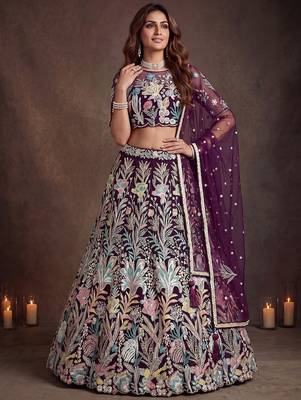 Awesome Wine Sequins Net Reception Wear Lehenga Choli with Dupatta 2