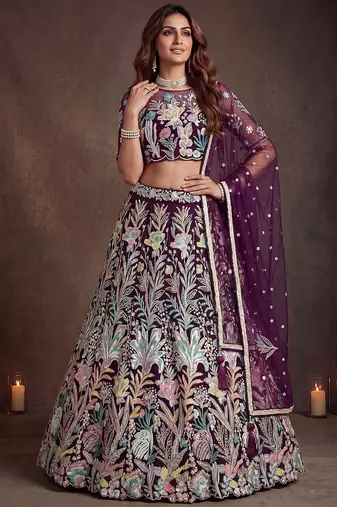 Awesome Wine Sequins Net Reception Wear Lehenga Choli with Dupatta