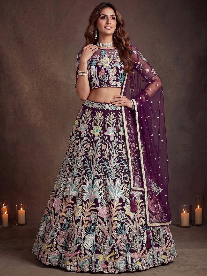 Awesome Wine Sequins Net Reception Wear Lehenga Choli with Dupatta