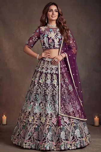 Awesome Wine Sequins Net Reception Wear Lehenga Choli with Dupatta