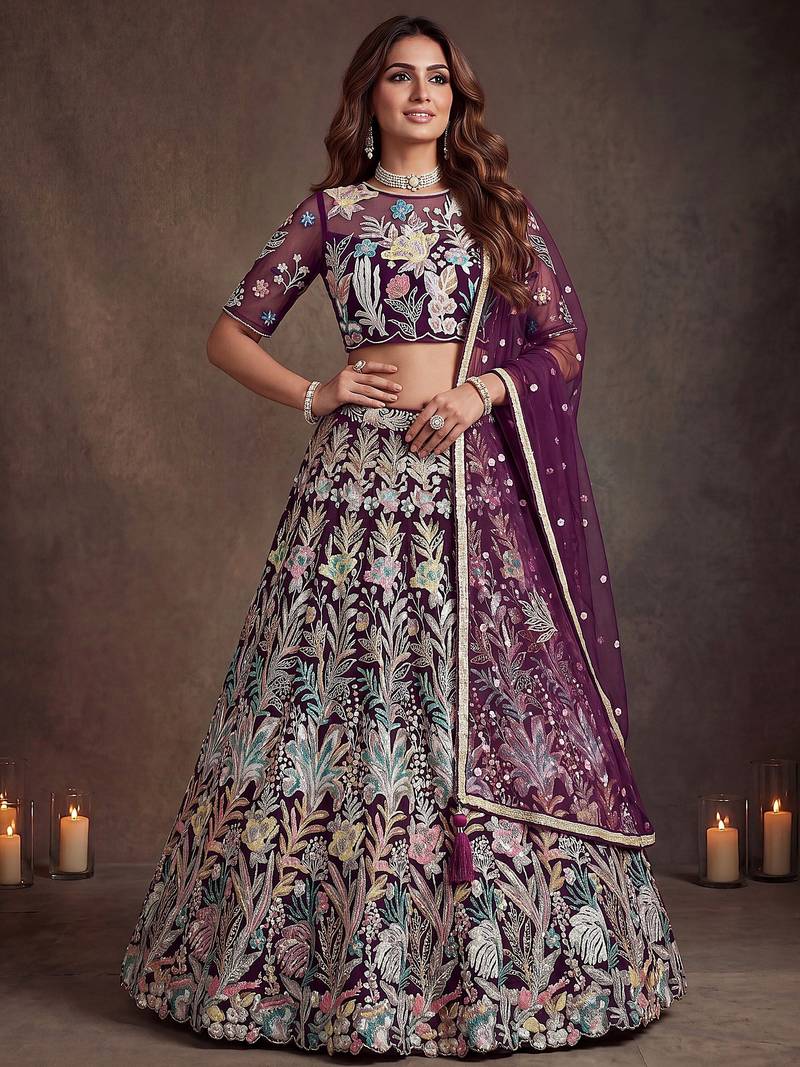 Awesome Wine Sequins Net Reception Wear Lehenga Choli with Dupatta