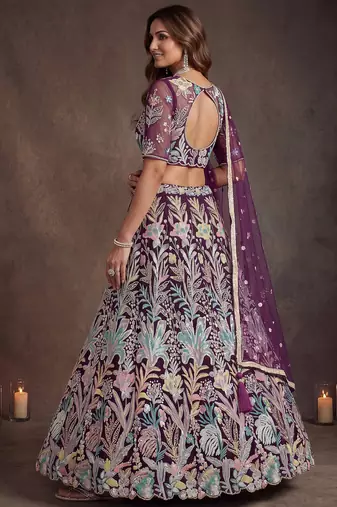 Awesome Wine Sequins Net Reception Wear Lehenga Choli with Dupatta