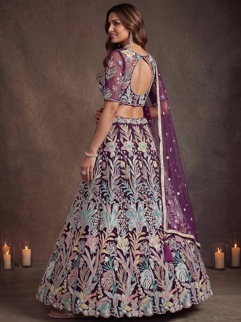 Awesome Wine Sequins Net Reception Wear Lehenga Choli with Dupatta