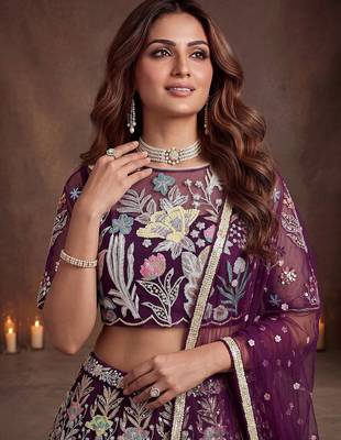 Awesome Wine Sequins Net Reception Wear Lehenga Choli with Dupatta 5