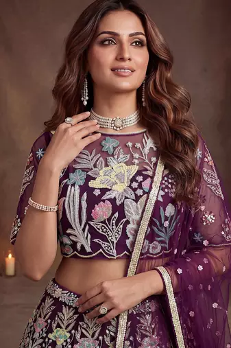 Awesome Wine Sequins Net Reception Wear Lehenga Choli with Dupatta