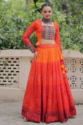Orange Colour Bandhani Print Muslin Cotton Navratri Lehenga Choli Set