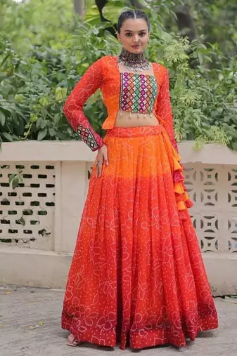 Orange Colour Bandhani Print Muslin Cotton Navratri Lehenga Choli Set