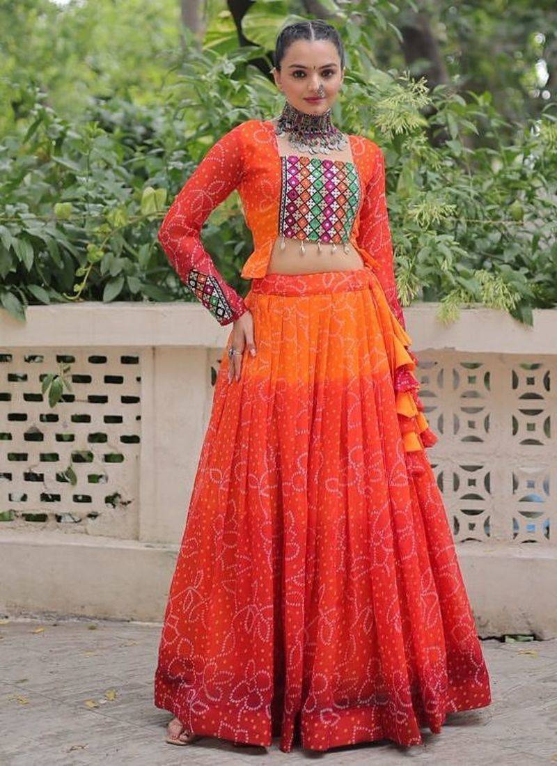 Orange Colour Bandhani Print Muslin Cotton Navratri Lehenga Choli Set