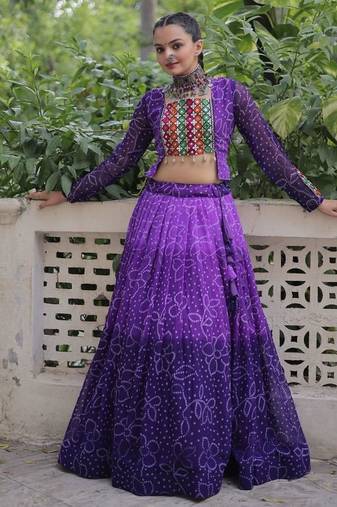 Purple Colour Bandhani Print Muslin Cotton Navratri Lehenga Choli Set