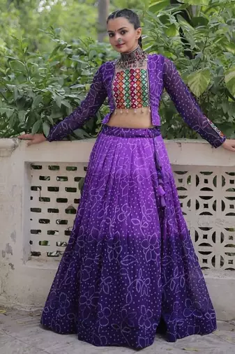 Purple Colour Bandhani Print Muslin Cotton Navratri Lehenga Choli Set
