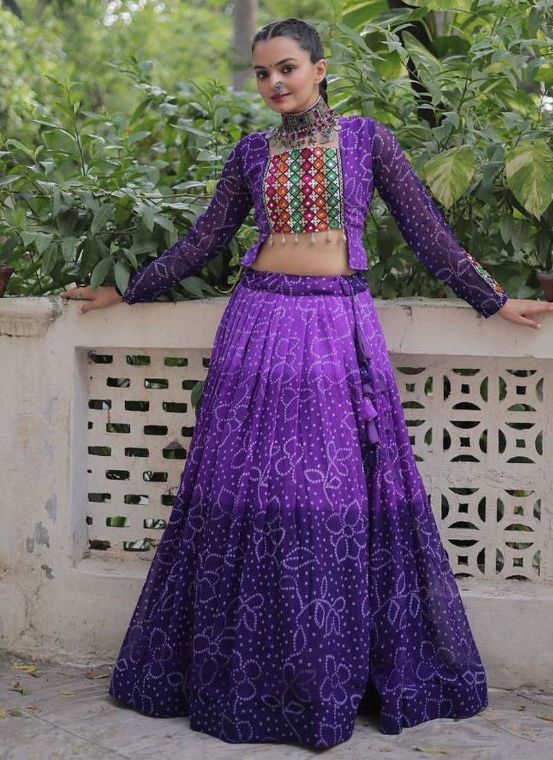 Purple Colour Bandhani Print Muslin Cotton Navratri Lehenga Choli Set