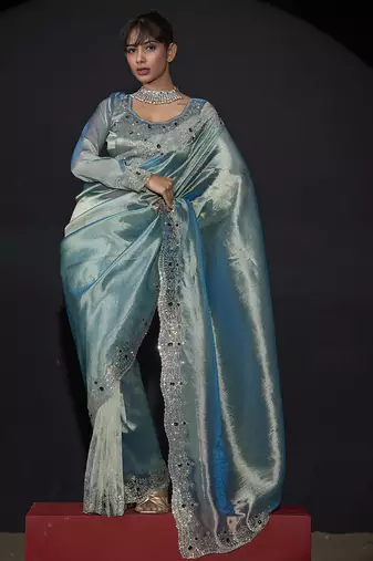 Sky blue zarkan embroidered work art silk saree