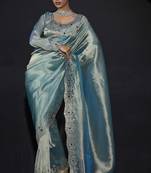 Sky blue zarkan embroidered work art silk saree