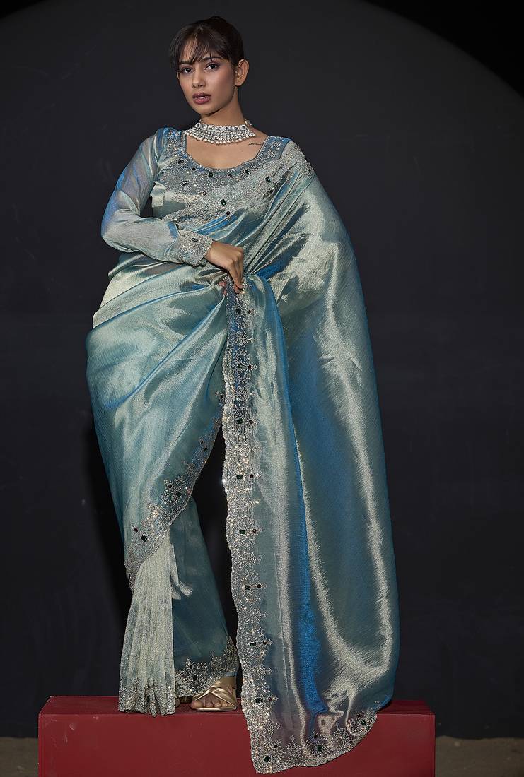Sky blue zarkan embroidered work art silk saree