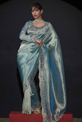Sky blue zarkan embroidered work art silk saree 2