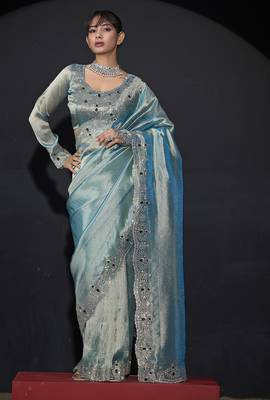 Sky blue zarkan embroidered work art silk saree 3