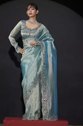 Sky blue zarkan embroidered work art silk saree
