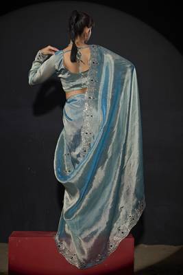 Sky blue zarkan embroidered work art silk saree 4
