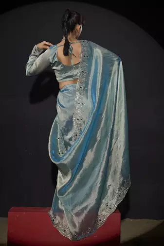 Sky blue zarkan embroidered work art silk saree