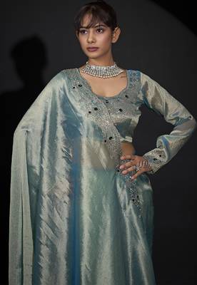 Sky blue zarkan embroidered work art silk saree 5