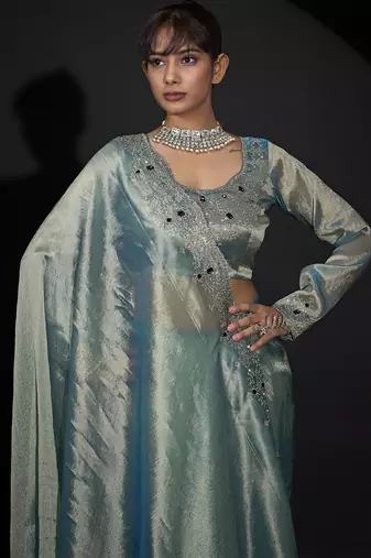 Sky blue zarkan embroidered work art silk saree