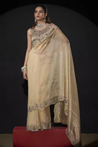 Beige zarkan embroidered work art silk saree