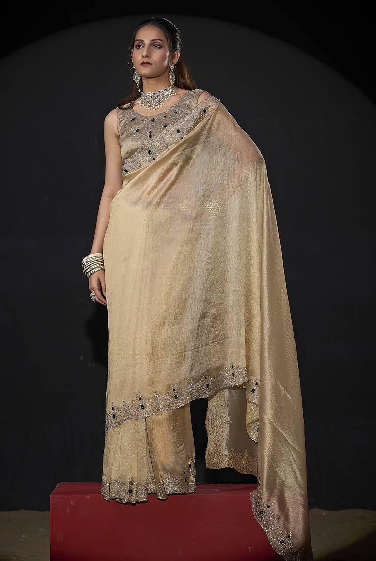 Beige zarkan embroidered work art silk saree