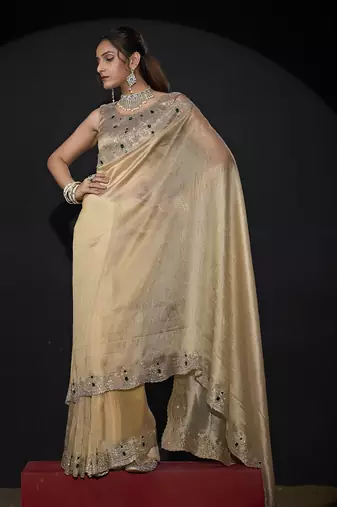 Beige zarkan embroidered work art silk saree