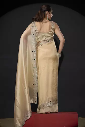 Beige zarkan embroidered work art silk saree
