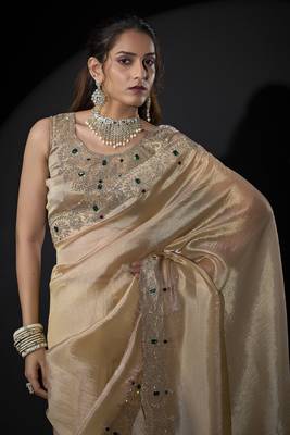 Beige zarkan embroidered work art silk saree 4