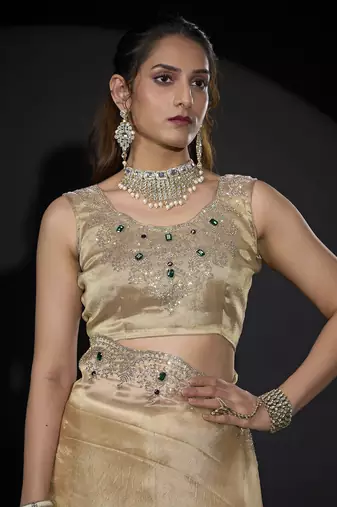 Beige zarkan embroidered work art silk saree