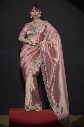 Pink zarkan embroidered work art silk saree